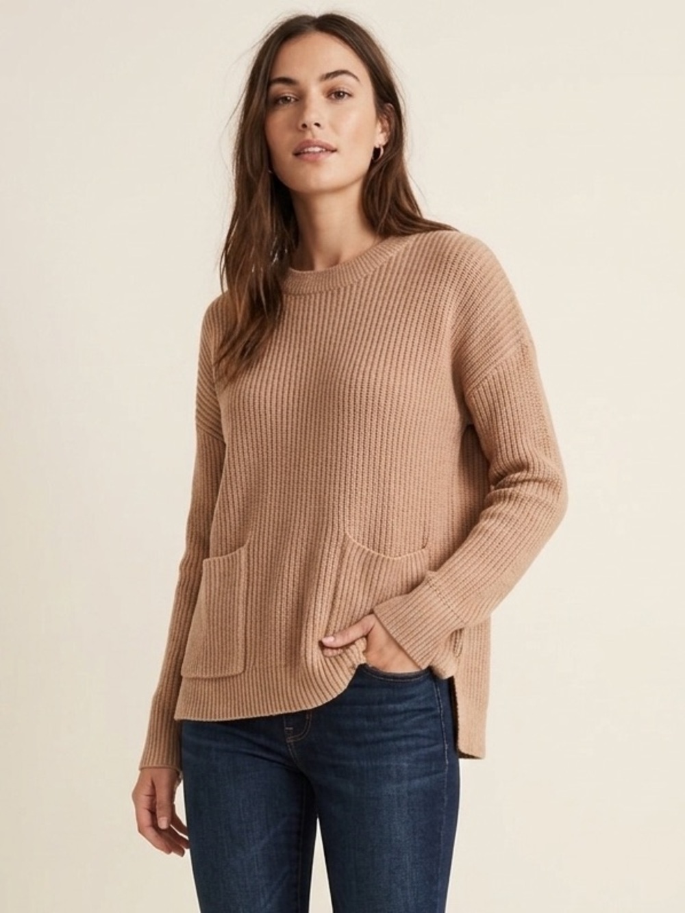 Madewell Ribbed Patch Pocket Pullover Sweater – Beige Blush Boxy Fit M
